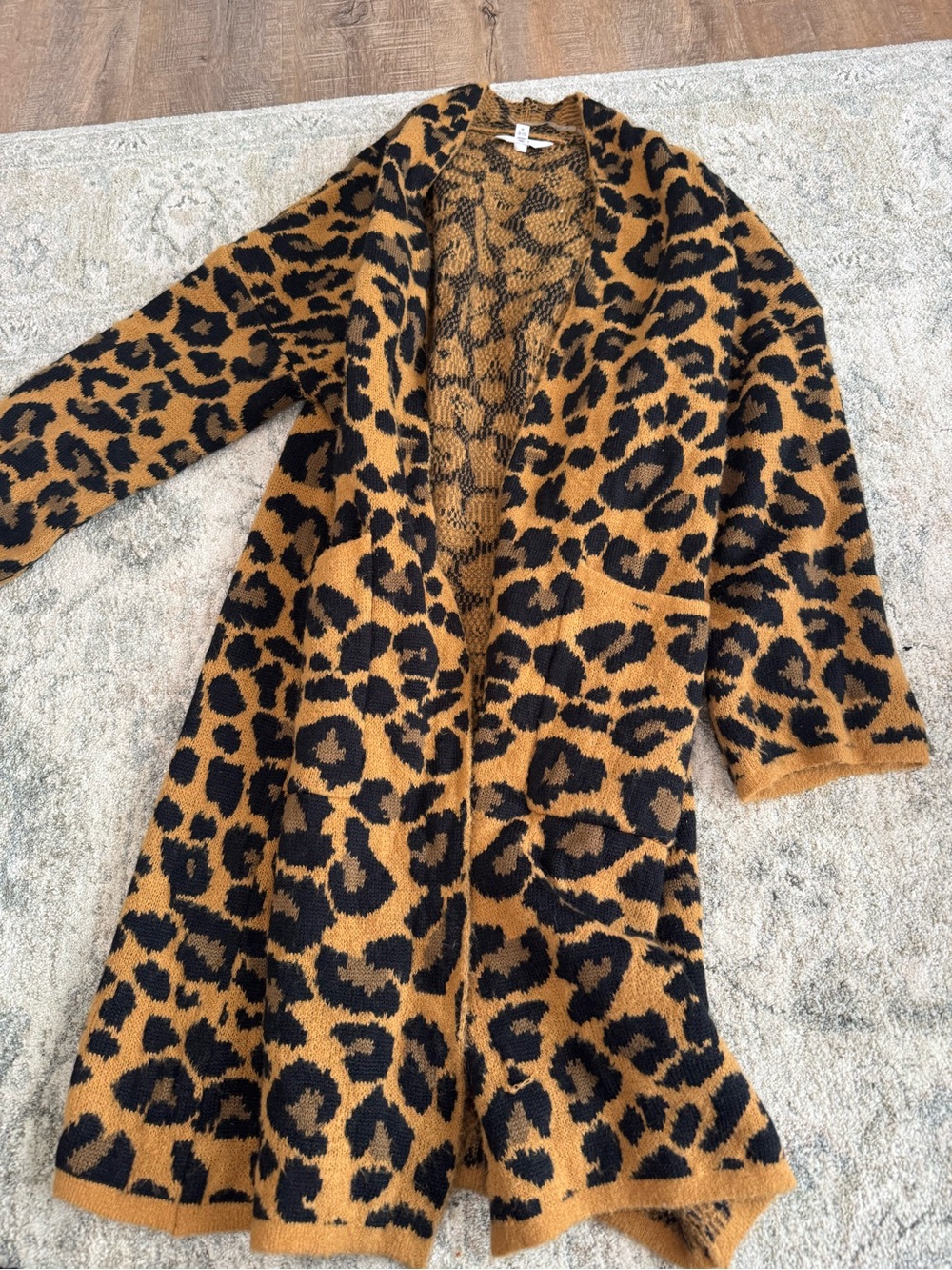 Time and Tru Leopard Print Open Front Cardigan - Black & Brown Oversized